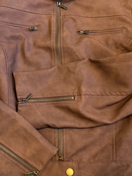 ONEDREAMER Women's Faux Leather Cropped Jacket Motorcycle Short Coat BROWN L - Picture 12 of 12